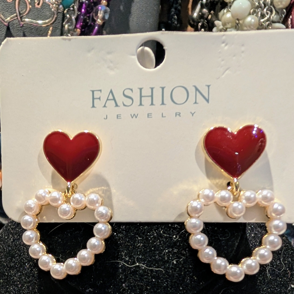 Fashion Jewelry Ruby Heart Pearl Earrings